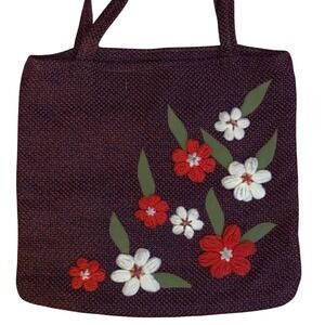 Vintage Woven Floral Embroidered Jute Tote Bag Brown Boho Cottagecore Handbag
